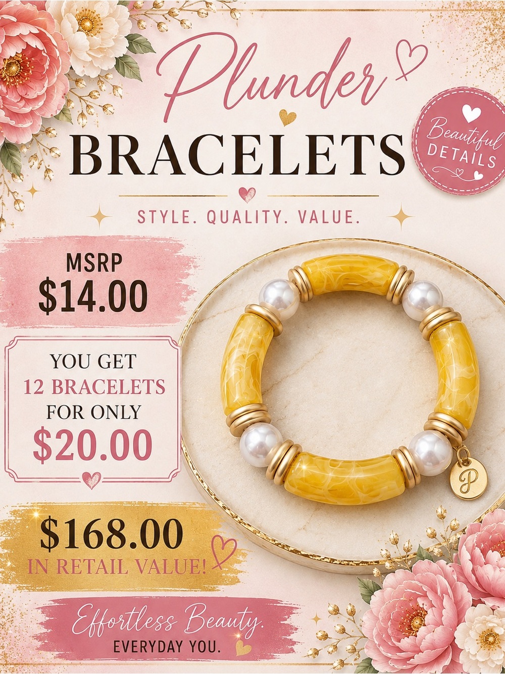 Plunder 12 (Bracelet’s) Yellow Pearl-Accent Stretch Bracelet’s with Gold Spacers